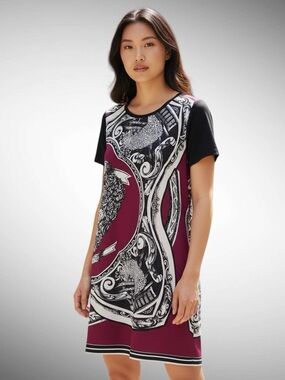 DKNY Silk Shift Patterned Dress Short Sleeves